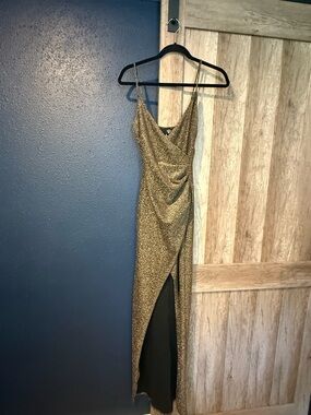 Metallic Gold High-Low Slip Dress with Thigh Slit
